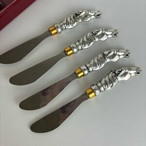 Vintage Horse Head Cheese Spreader Knives/Arthur Court Flatware Box-Set of 4